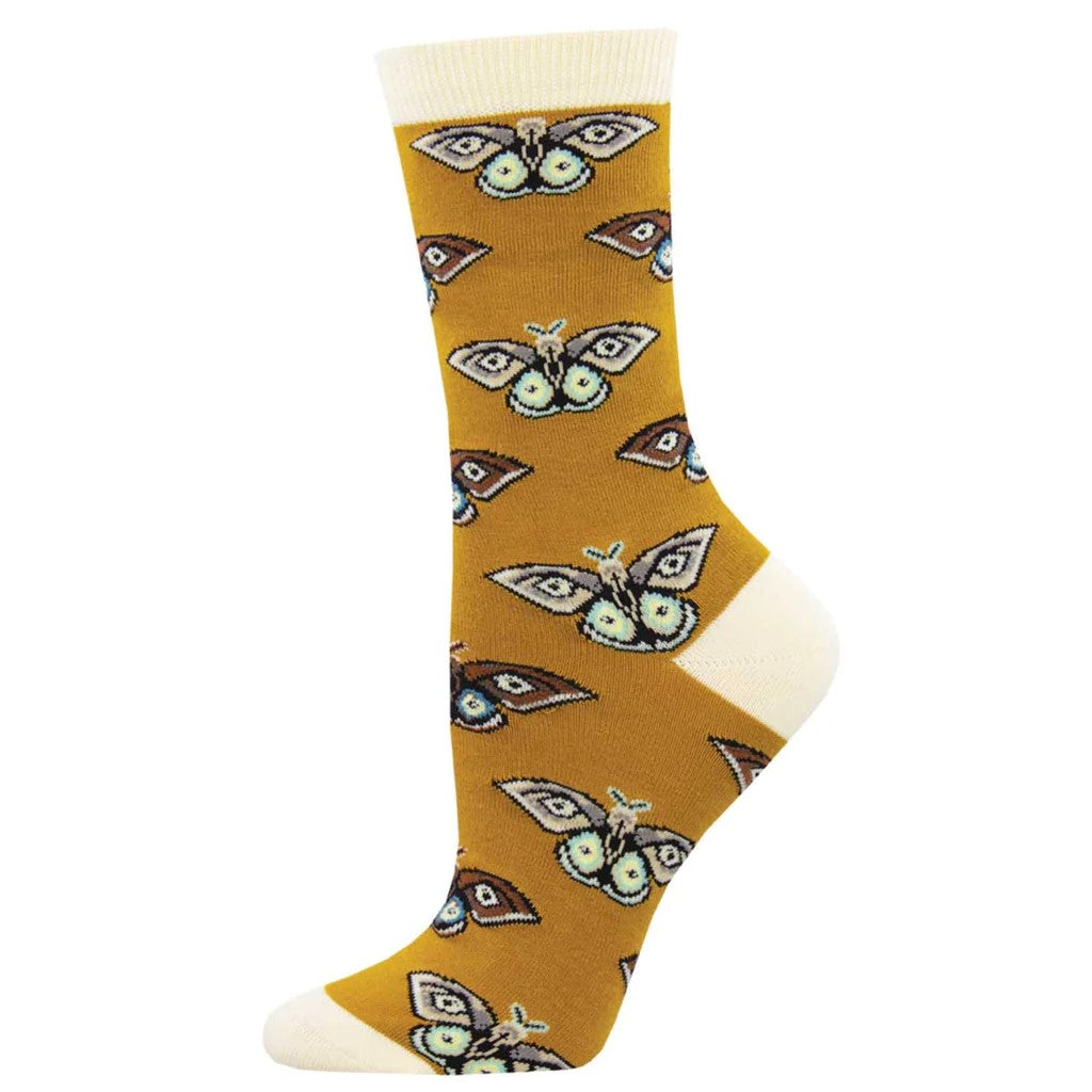 Usually, moths would not be a welcome sight in your sock drawer, but here's the exception! These moth socks feature this colorful insect on an antique gold base with a cream heel and toe.  Made from an innovative bamboo fiber blend, this pair of socks will likely be the softest pair you own. Women's Shoe Size 6-10.5.