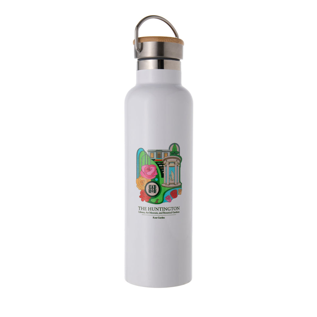 Part of a collection of products designed by Design Lab students at OTIS college of Art & Design, Los Angeles. This hydration bottle features an interpretation of The Huntington's Rose Garden. The double-wall, vacuum insulated Stainless-Steel construction helps maintain the temperature of your favorite drink. 20 oz. 
