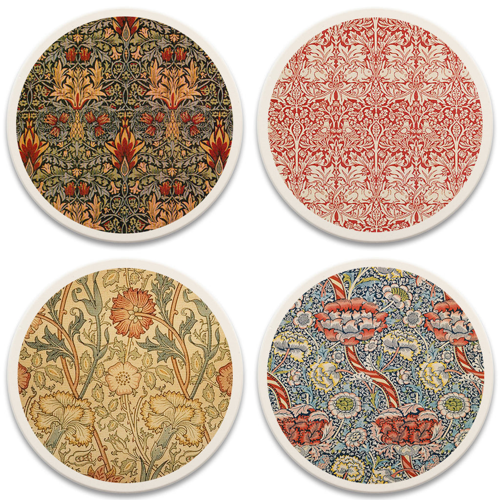 Add an Arts and Crafts flourish to your holiday table setting with this attractive coaster set. The set features four of William Morris' distinctive prints on these high quality, absorbent stone coasters. Set of 4 absorbent stone coasters,4.25" diameter with cork backing. Packaged in a printed box, ready for gifting.