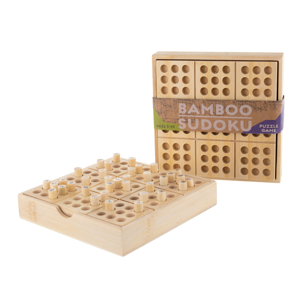 A classic logic-based puzzle game made completely of bamboo and recycled materials. This set comes with a booklet of sudoku puzzles and all the pieces necessary to play and learn. Comes with 30 Sudoku puzzles and numbered pegs. Ages 9+ Made from sustainable and recycled materials.