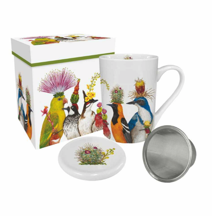 Using flora and fauna found in The Huntington's Desert Garden, artist Vicki Sawyer created the illustration "Desert Party" for The Huntington. New Bone China mug with lid and stainless-steel tea strainer. Dishwasher/Microwave Safe Featuring artwork by Vicki Sawyer Gift box included Designed for the Huntington Store