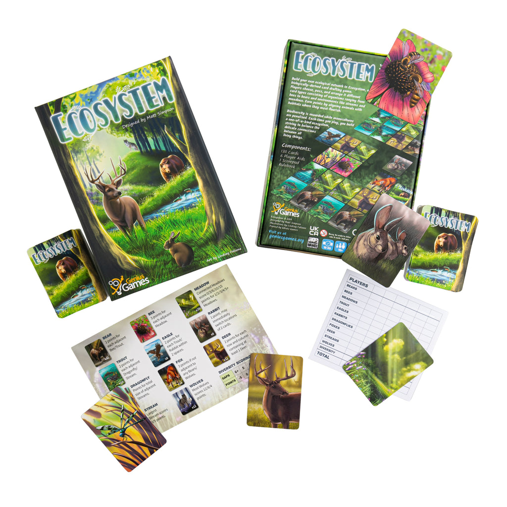 Build your own ecological network in Ecosystem, a biologically-derived card drafting game. Earn points by aligning animals with habitats where they most flourish. Biodiversity is rewarded, while monocultures are penalized. 130 cards, 6 player aids, 1 scorepad. Rulebook For 2-6 players. Best suited to ages 10+