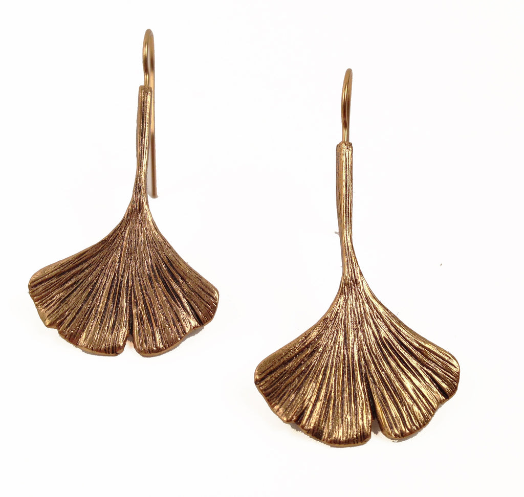 Give the gift of this unique and lovely leaf with these gorgeous, artisan earrings, cast directly from ginkgo trees at The Huntington! Material: gold-plated pewter 2" long French hook Made in the USA Matching necklace available. Ginkgo trees are planted throughout the Japanese and Chinese gardens at The Huntington.