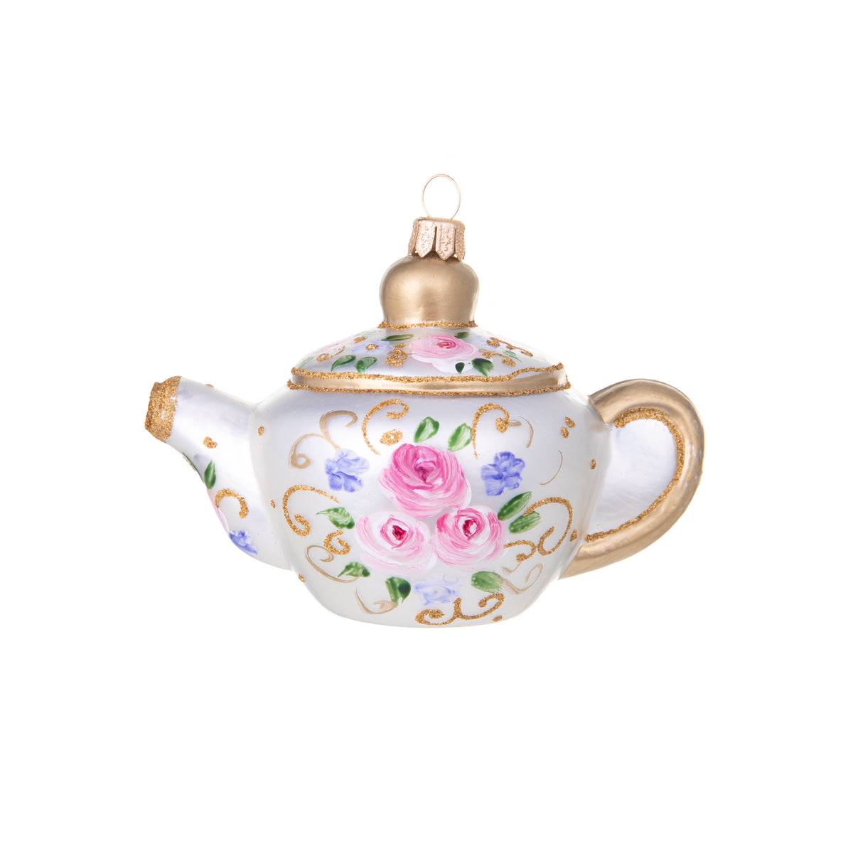 24K Gold Accents Floral Teapot Egyptian Glass Ornament 3 5/8 Pink