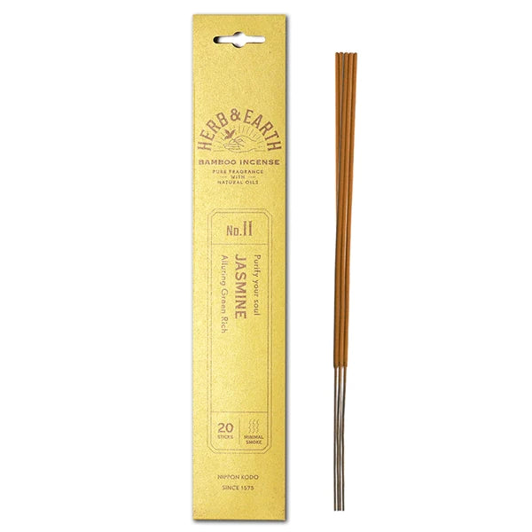 Herb & Earth natural bamboo incense sticks are of the highest quality and produce minimal smoke. Delicately fragranced with natural jasmine oil. Natural bamboo incense sticks Fragranced with natural oils No artificial dyes Pack contains 20 sticks Approx 30 mins burn time per stick.