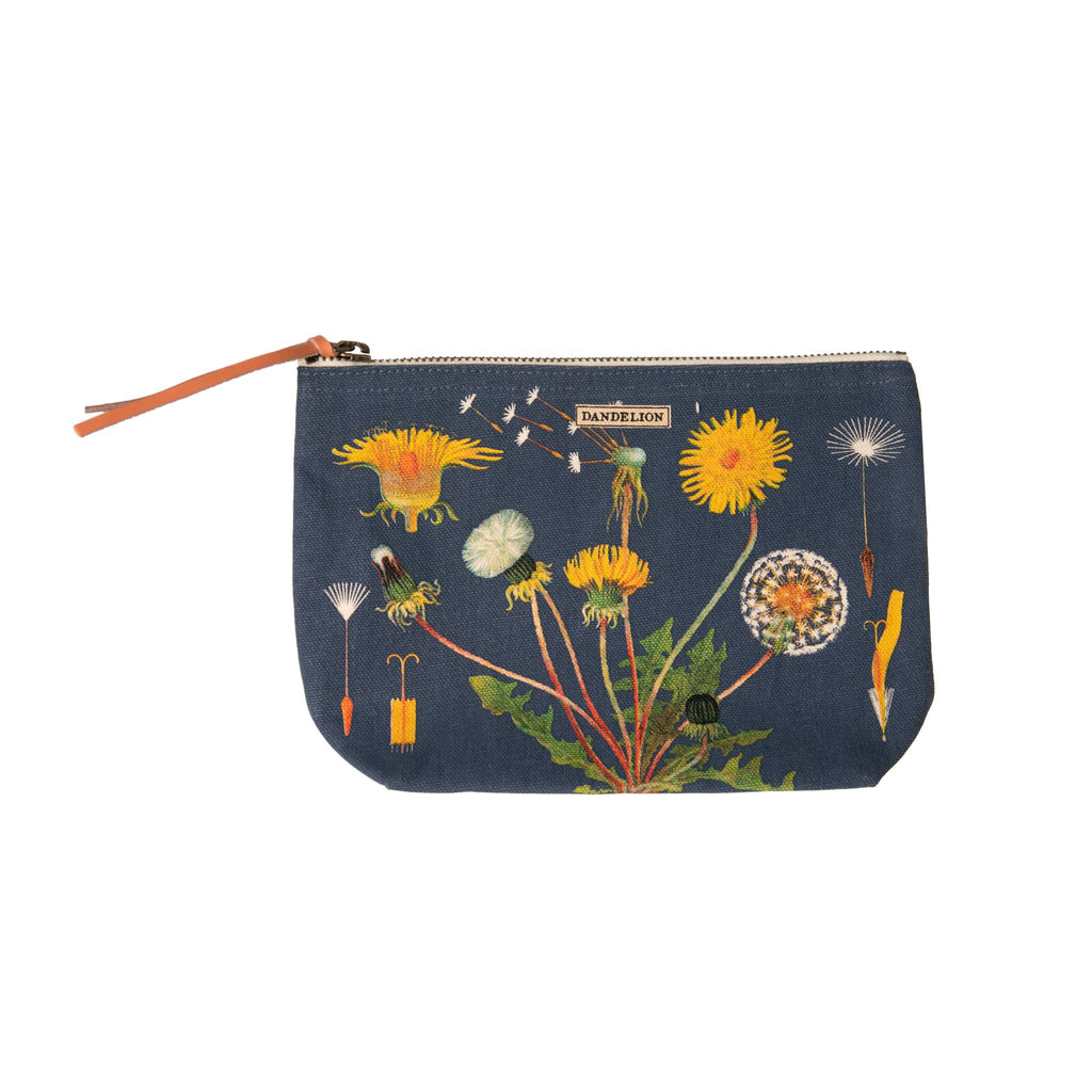 This 100% natural cotton pouch is perfect for your everyday essentials. With stunning vintage botanical art featuring the different growth stages of a dandelion, this bag will surely catch everyone's eye. 100% cotton canvas with cotton lining Real leather zipper pull Size approx 9" x 6"