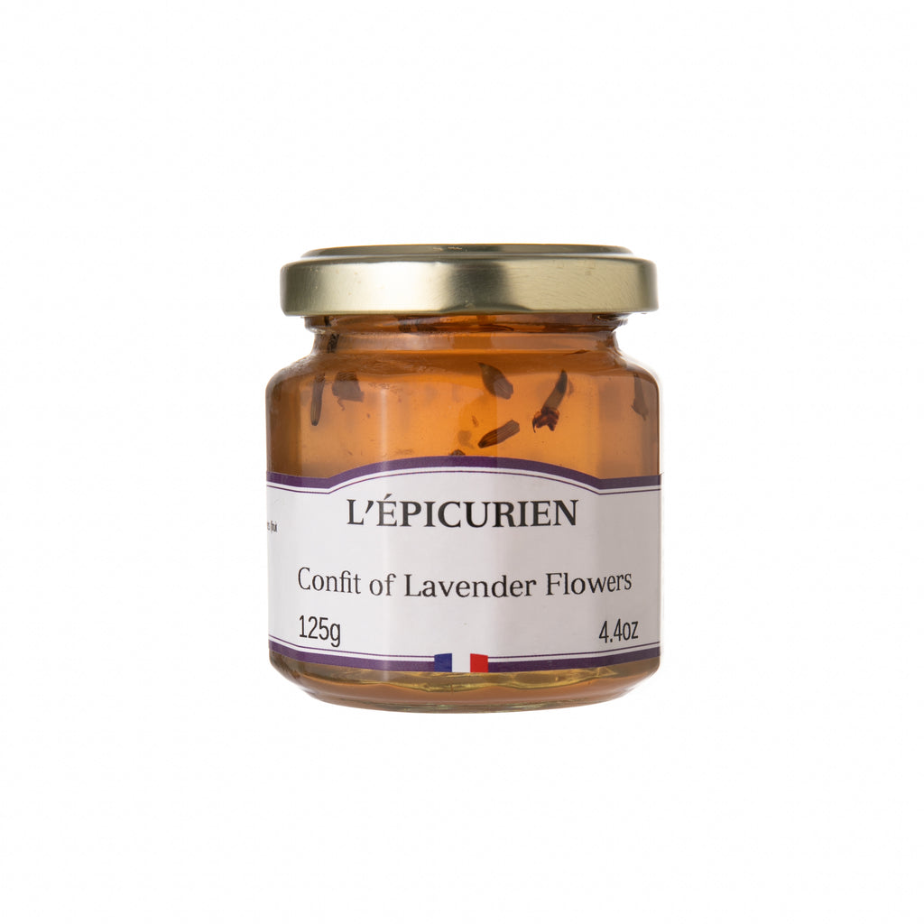 Made with the highest quality ingredients, this confit is the true taste of Provence, France. Can be mixed with cream, yogurt, ice cream, or even paired meat or cheese. Ingredients: Cane Sugar, Water, Grape Sugar, Lemon Juice, Fruit Pectin, Calcium Citrate, Lavender Flowers (0.18%), Natural Lavender Aroma France 4.4 oz