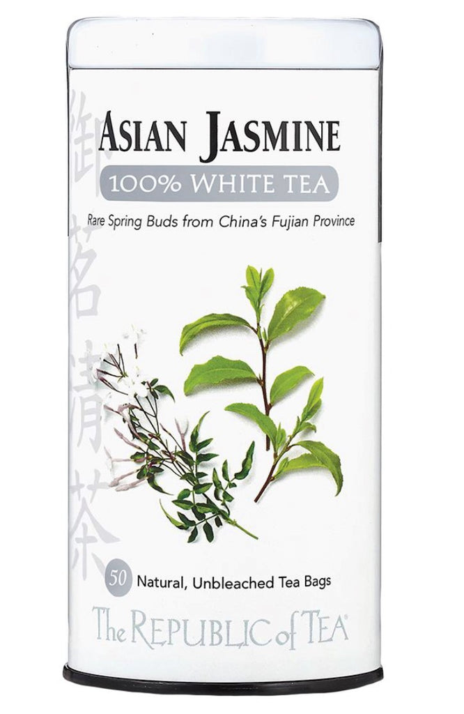 Fragrant jasmine is married with tender White Tea buds, imparting a heavenly aroma for an exalting cup. Authentic 100% White Tea only grows in the mountains of China's Fujian Province. With small yields and high demands, it remains one of the world's most rare teas. 50 natural, unbleached tea bags 100% white tea 2.8oz.