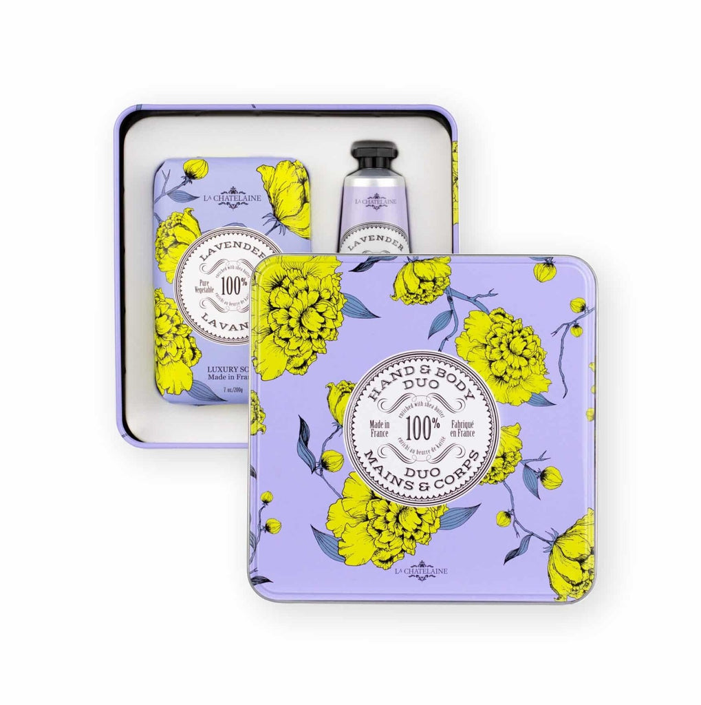 Pamper the most cherished people in your life with this soap and lotion gift set. The gorgeously decorated lavender soap and lotion are made in Provence, France, from ethically sourced natural and organic ingredients. Gift set contains a 7-oz. soap bar and 1-oz. hand lotion tube.