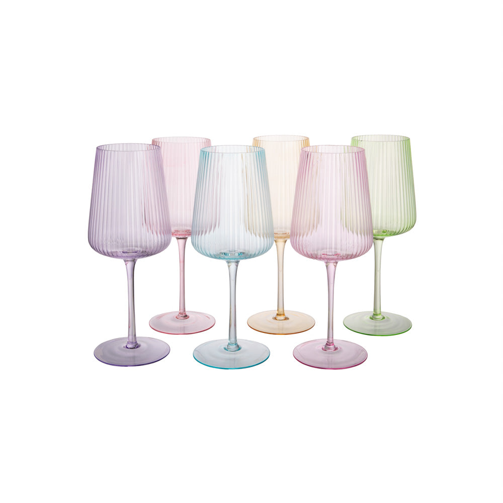 With the upcoming season in mind, these Pastel Ribbed Wine Glasses are the perfect addition to your tableware collection. Whether you're sipping red wine by the fireplace or enjoying a crisp white wine on a warm evening, these glasses are versatile enough for your every need. Glass Holds 19 oz, Set of 6, 9.25 x 3.5"