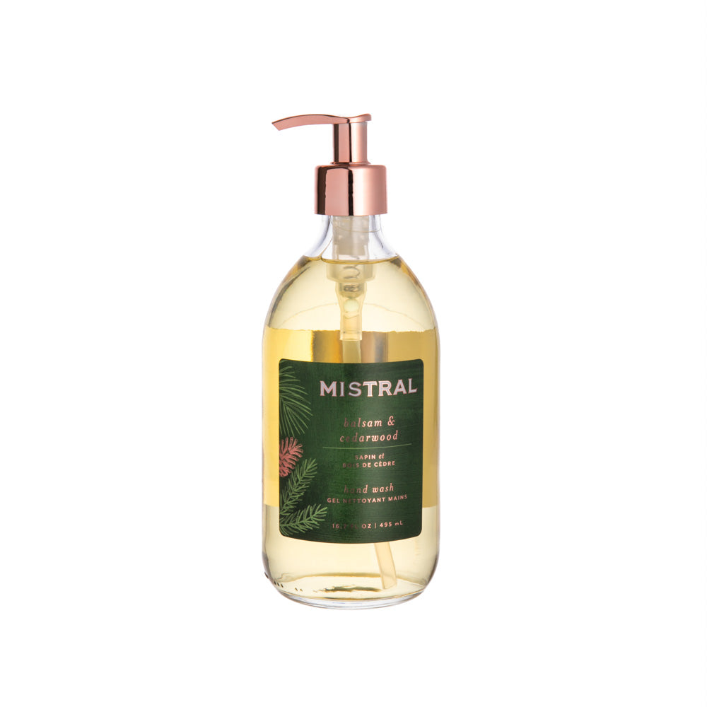 This Balsam & Cedarwood hand wash offers a rich lathering experience with natural antibacterial properties, making it gentle yet effective for daily use. Perfect for sensitive skin, it leaves your hands fresh and clean while evoking the lush aroma of a Canadian evergreen forest. 16.7 fl oz. Glass Bottle 97% Natural.