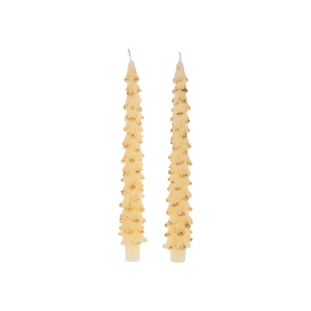 Add a refined glow to your decor with these golden-tipped, elegant tree-shaped taper candles. The unscented pair adds a touch of sophistication to any setting.