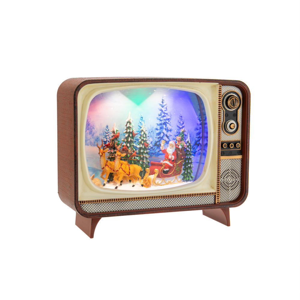 This delightful centerpiece brings a nostalgic touch to any room, featuring Santa in his sleigh, snow-dusted pine trees, and a few furry friends. 