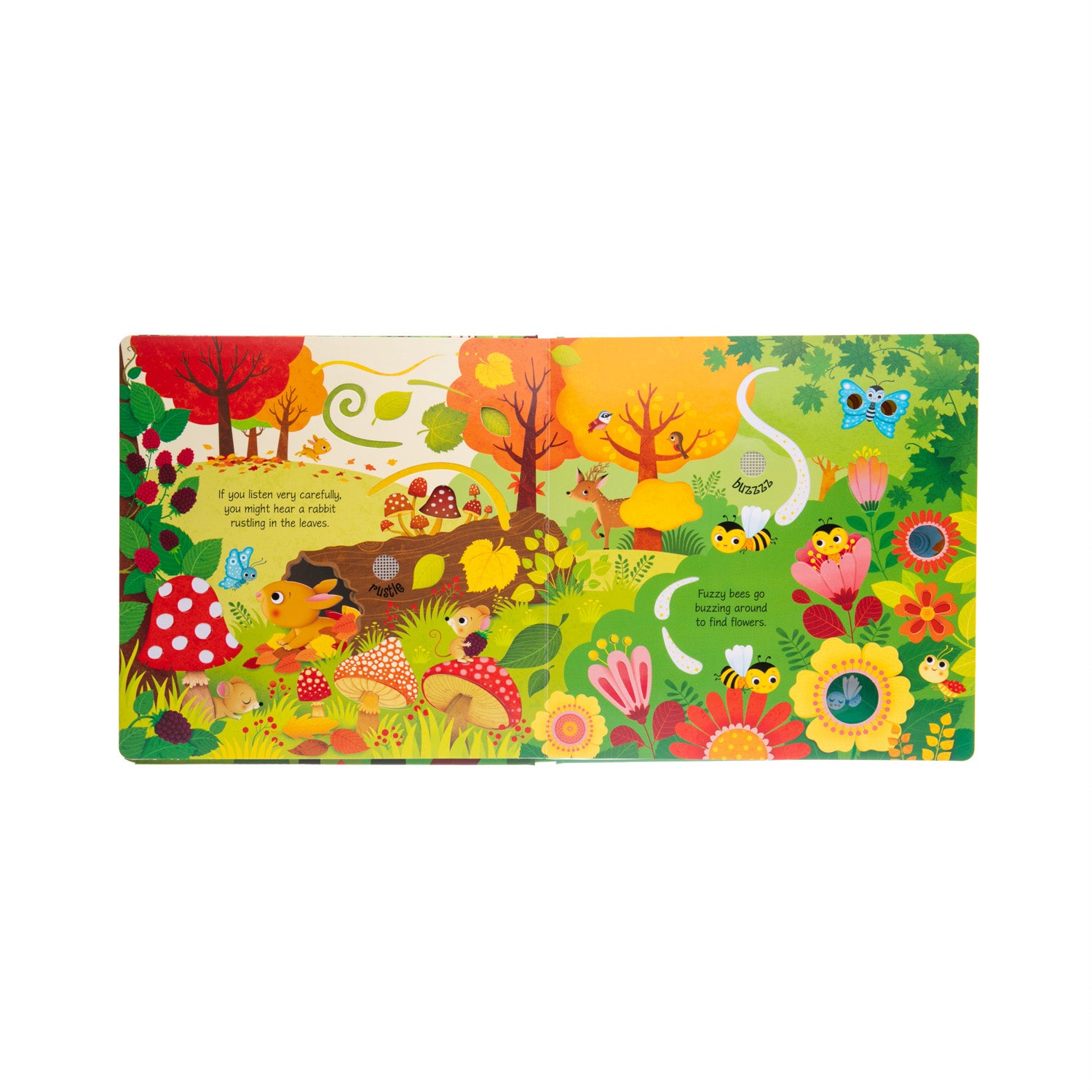 Little children will love hearing the woods come to life as they press the pages of this enchanting book. Each beautifully illustrated scene has simple text and cut-out shapes to discover, and a sound button to press to hear woodland sounds. Ages 3-5. Board book. 10 pages. 8.5 x 1 x 8.5