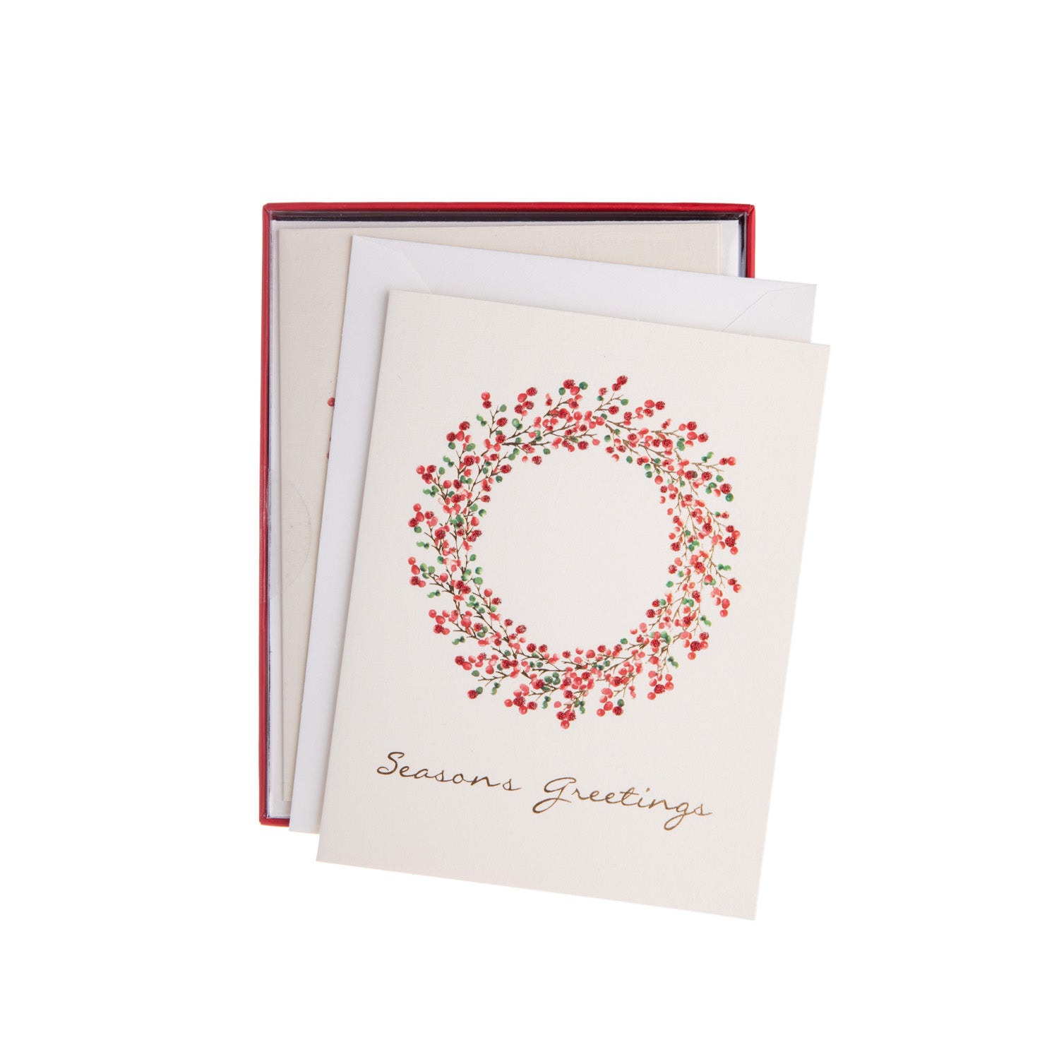 Share your holiday spirit by sending these cards featuring a beautiful wreath with red glitter berries embellished with gold foil lettering. The inside message reads: "Let the spirit of love gently fill our hearts and homes. In this loveliest of seasons, may you find many reasons for happiness." ‎4.25" x 5.5". 15 cards
