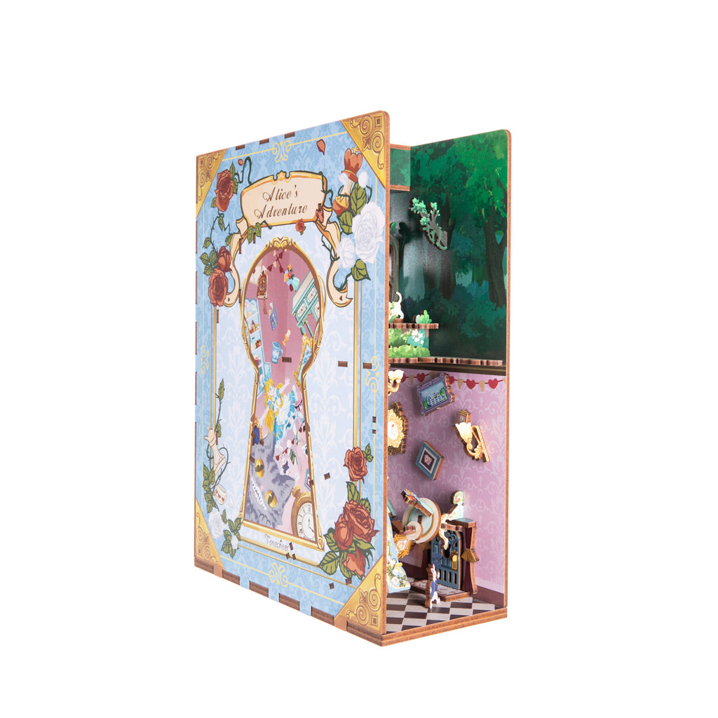 This exquisitely designed book-nook kit transports you straight into the whimsical world of Wonderland. Its color palette, reminiscent of Lewis Carroll's vivid imagination, paints a fantastical landscape that mirrors the story's enchanting charm. 3.15 x 7 x 9.6". Wood, plastic, metal LED lights. 184 pieces.