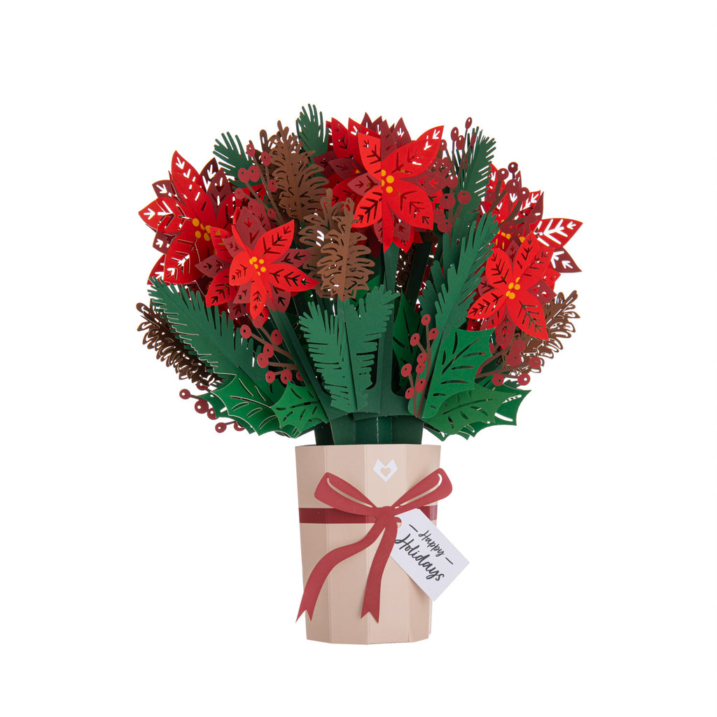 Trim out the hassle of sending live flowers with this beautiful poinsettia bouquet. Gift this unique greeting card to a loved one to share some holiday cheer.