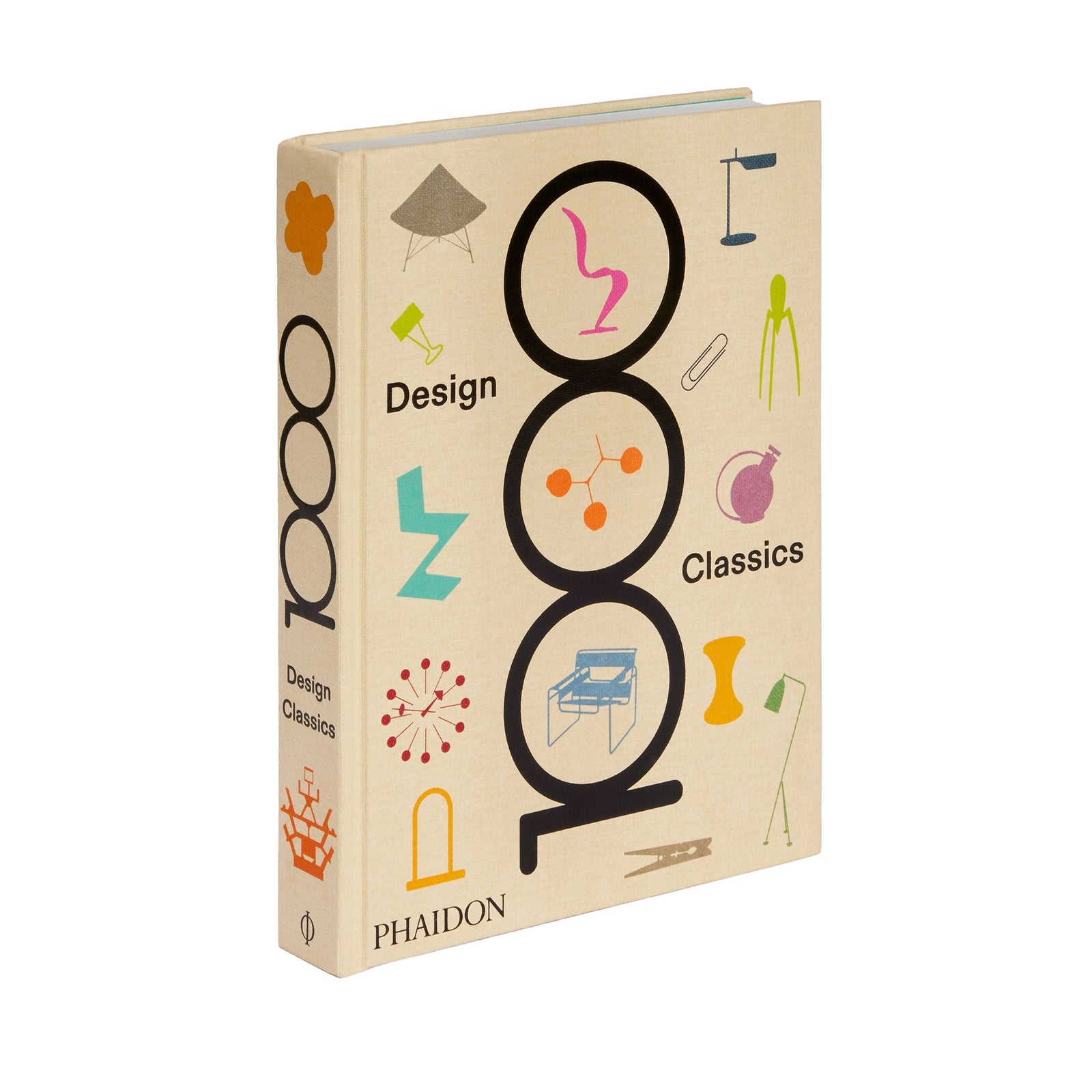 Book titled '1000 Design Classics' by Phaidon with colorful design illustrations on a beige background