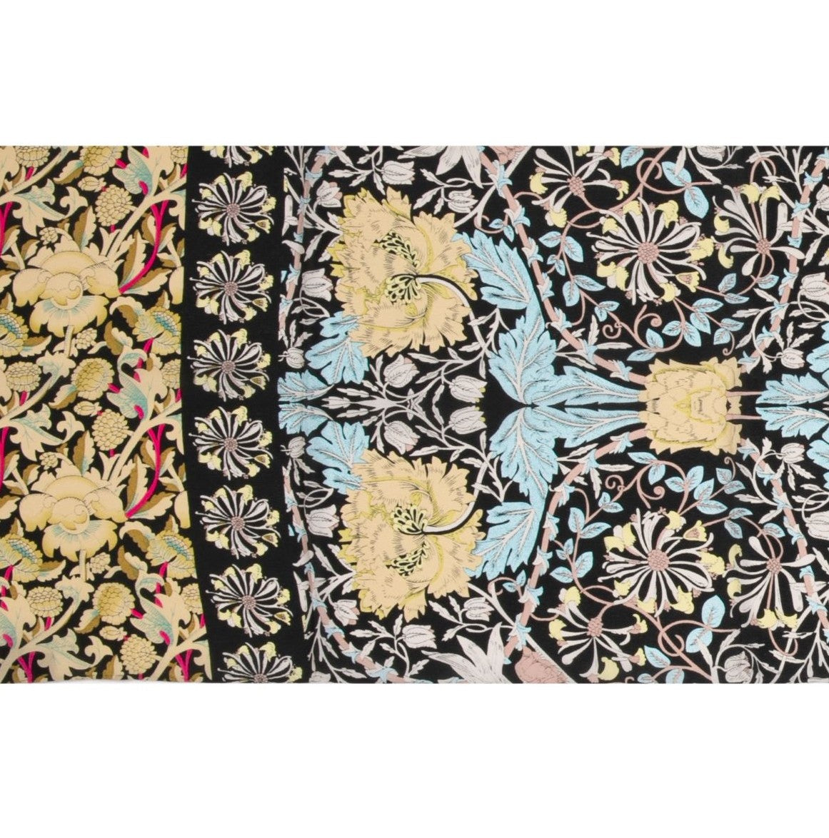 Decorative silk scarf with a William Morris designed floral pattern on a white background