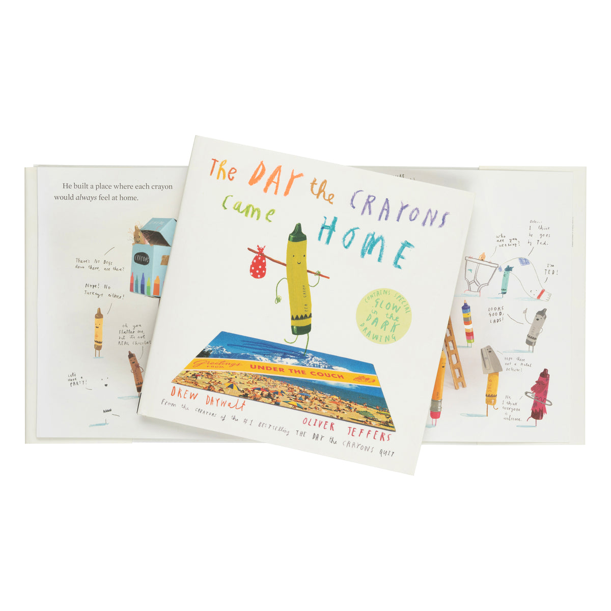 The Day the Crayons Came Home children's book shown open with the front cover and interior illustrations visible on a white background.