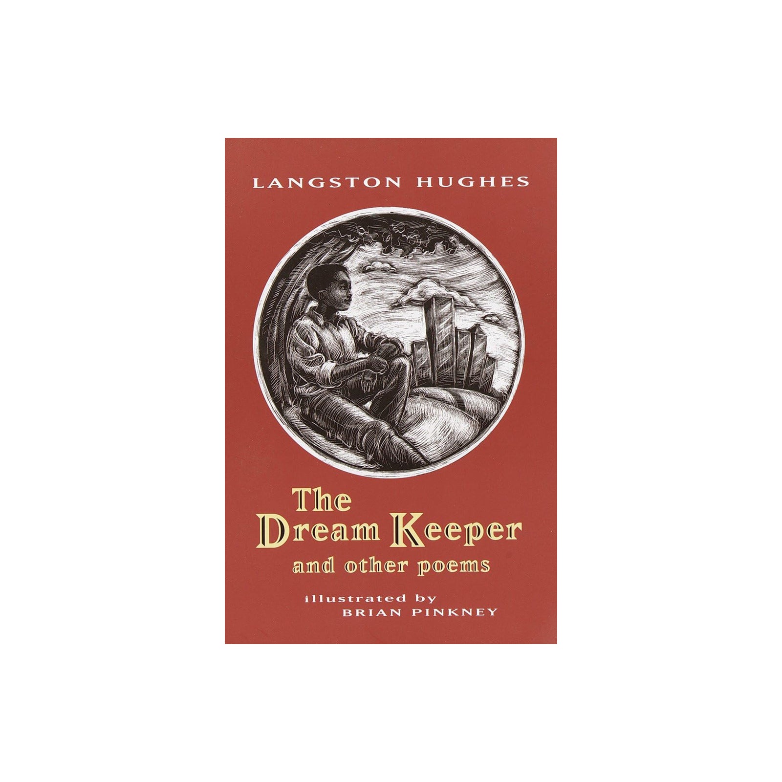 Book cover of 'The Dream Keeper and other poems' by Langston Hughes with an illustration of a child sitting on a fence.