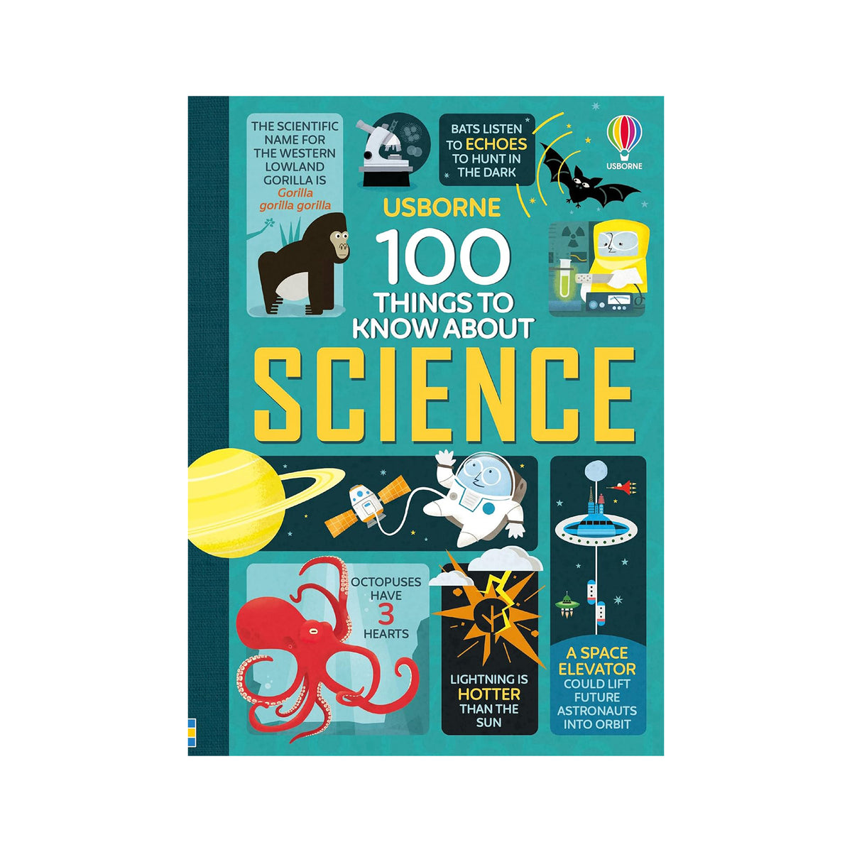 Book cover of '100 Things to Know About Science' by Usborne with colorful illustrations on a blue background.