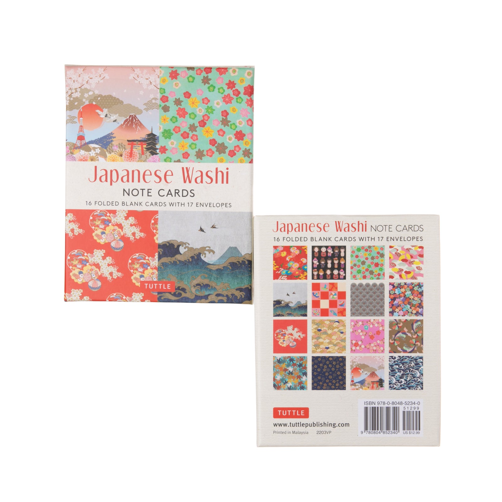 This boxed set of notecards features 16 Japanese designs of symbols with vibrant prints including cheerful cherry blossoms to Kokeshi dolls to ocean waves. The designs are inspired by Japanese washi paper which is a traditional handmade paper. 16 folded blank cards with 17 envelopes Dimensions: 4.25" x 1.5" x 5.25"