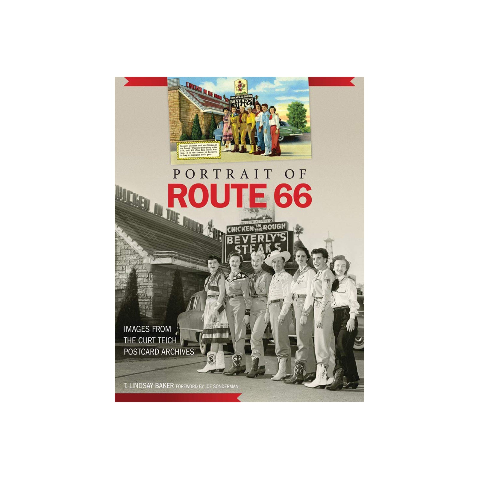 Book cover of 'Portrait of Route 66' with vintage-style images and text.