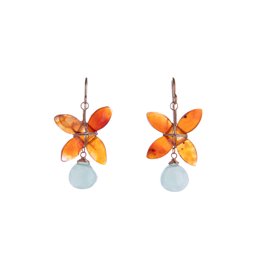 These Chalcedony and Carnelian flower-shaped drop earrings are a statement piece and pop of color. The orange carnelian paired with the seafoam green of the chalcedony makes for a colorful sparkle. Extremely versatile, these can be worn day or night. Dimensions: 1.25" x 1" Material: 14ct gold fill wire