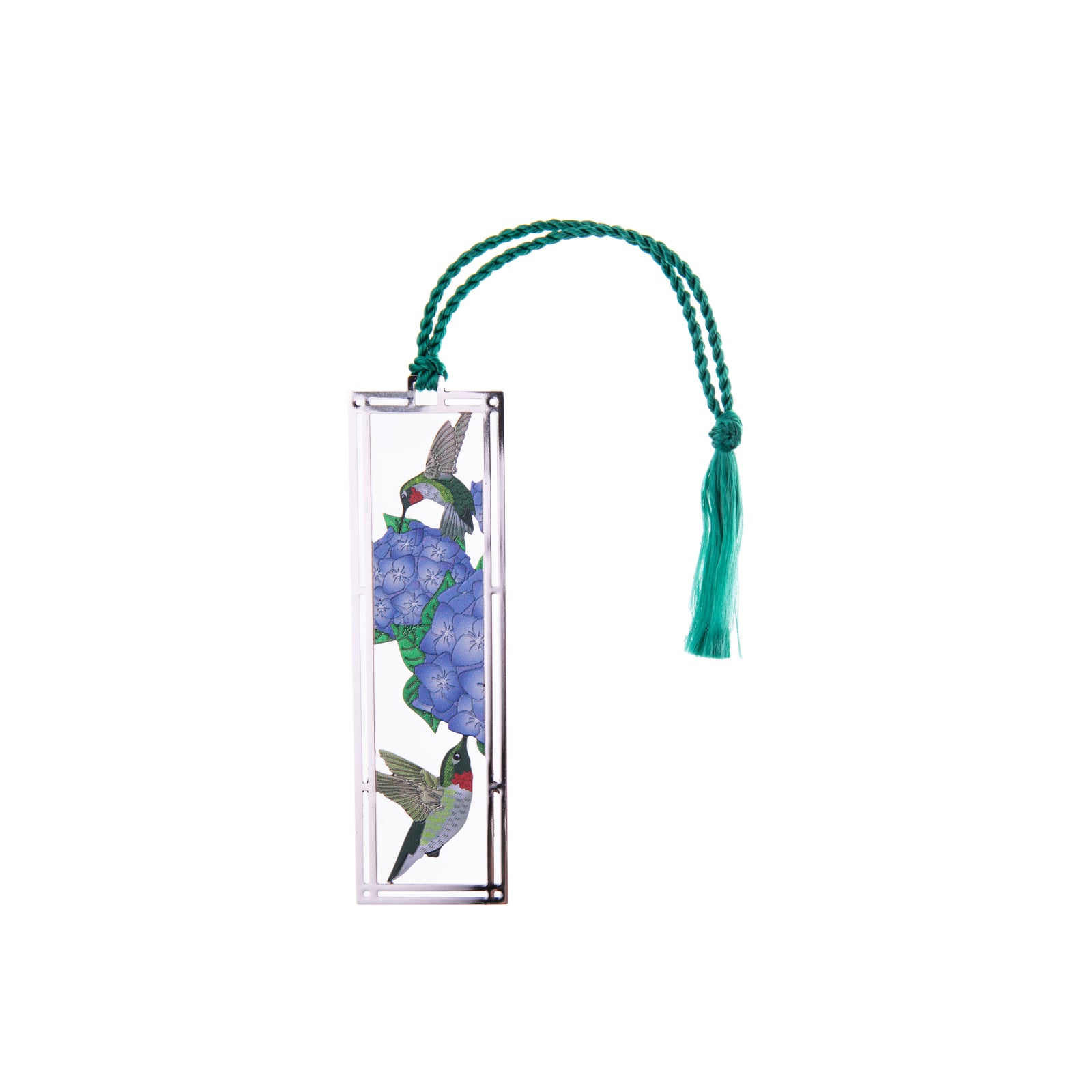 This metal bookmark featuring ruby-throated hummingbirds and hydrangeas as well as a green tassel is a fun hint of color and nature to mark the page of your current read. Hummingbirds love the colors of hydrangeas, so celebrate both with this remarkable bookmark! Dimensions: Approx. 1.25" x 4"