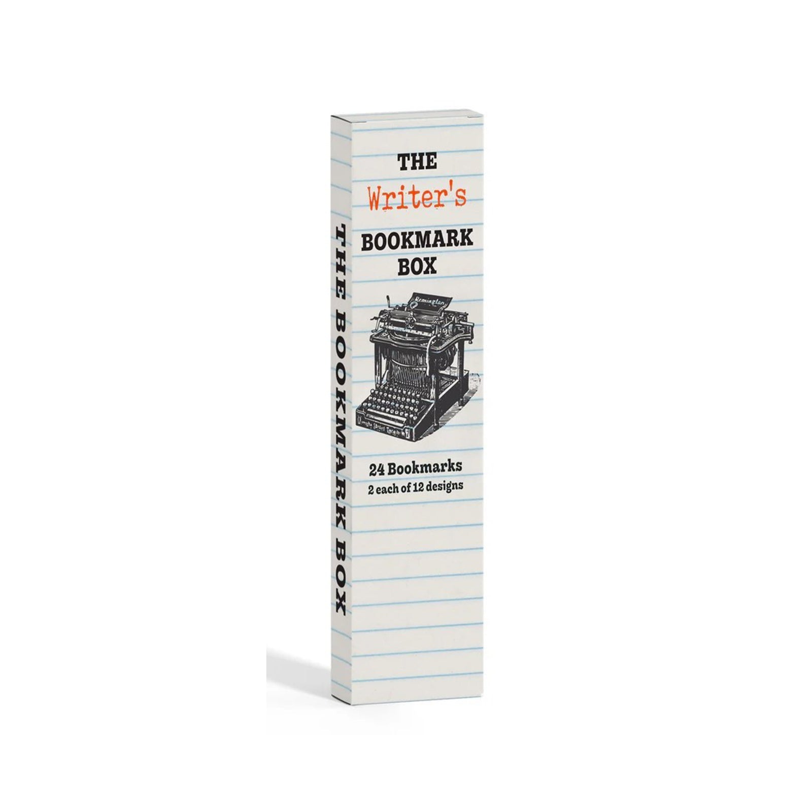 Box of 'The Writer's Bookmark Box' with a typewriter design on a white background