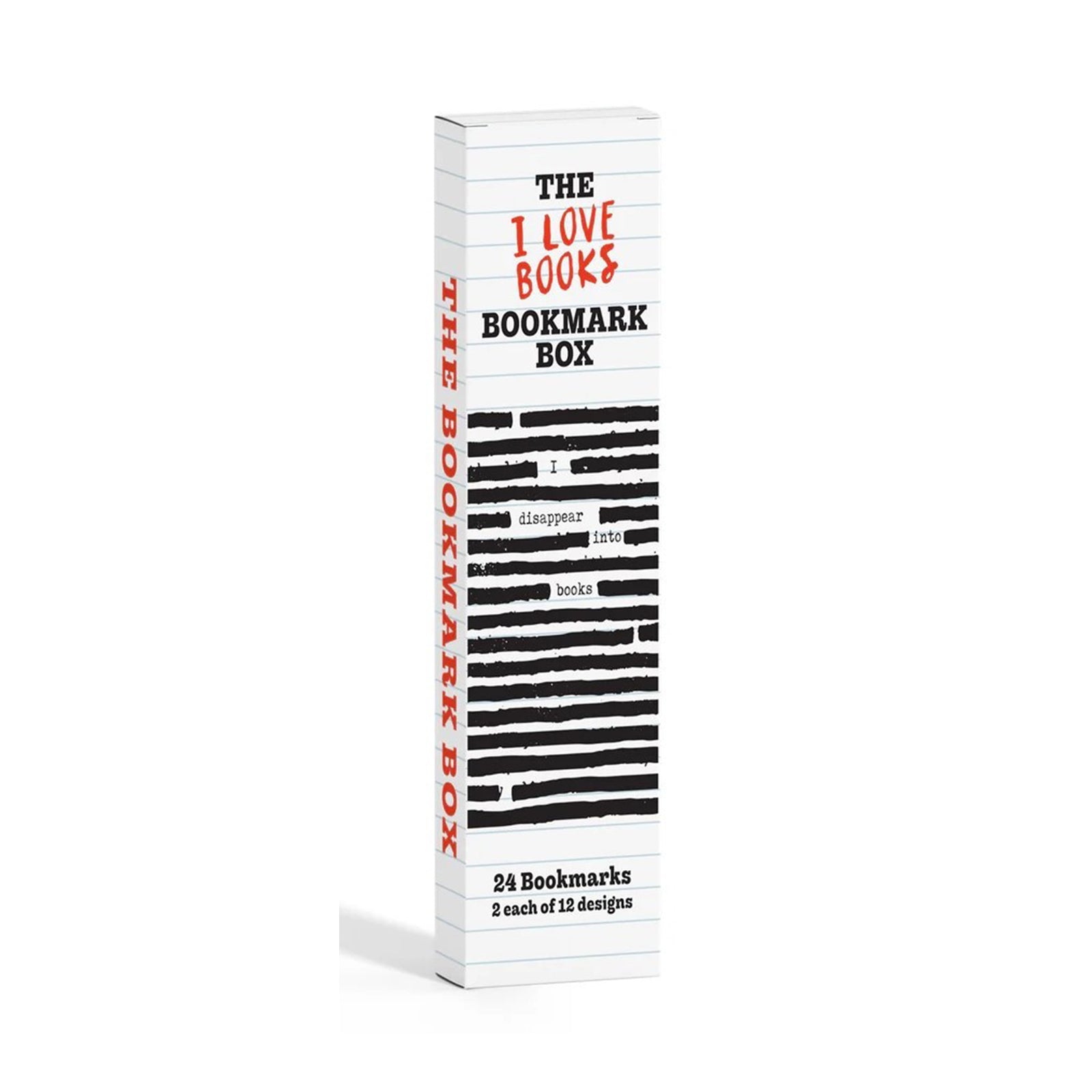 White box with black text and red accents, featuring 'The I Love Books Bookmark Box' on a white background.