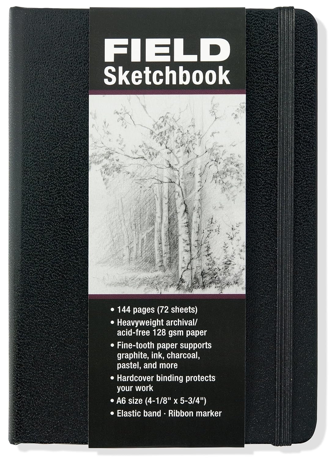 This Field Sketchbook is perfect for if you need a sketchbook for travel and on-the-go inspiration! With hardcover binding and an elastic band, the sketchbook will keep your art protected. The fine-tooth paper supports graphite, ink, charcoal, pastel. 144 pages (72 sheets) Dimensions: approx. 4" x 1" x 6"