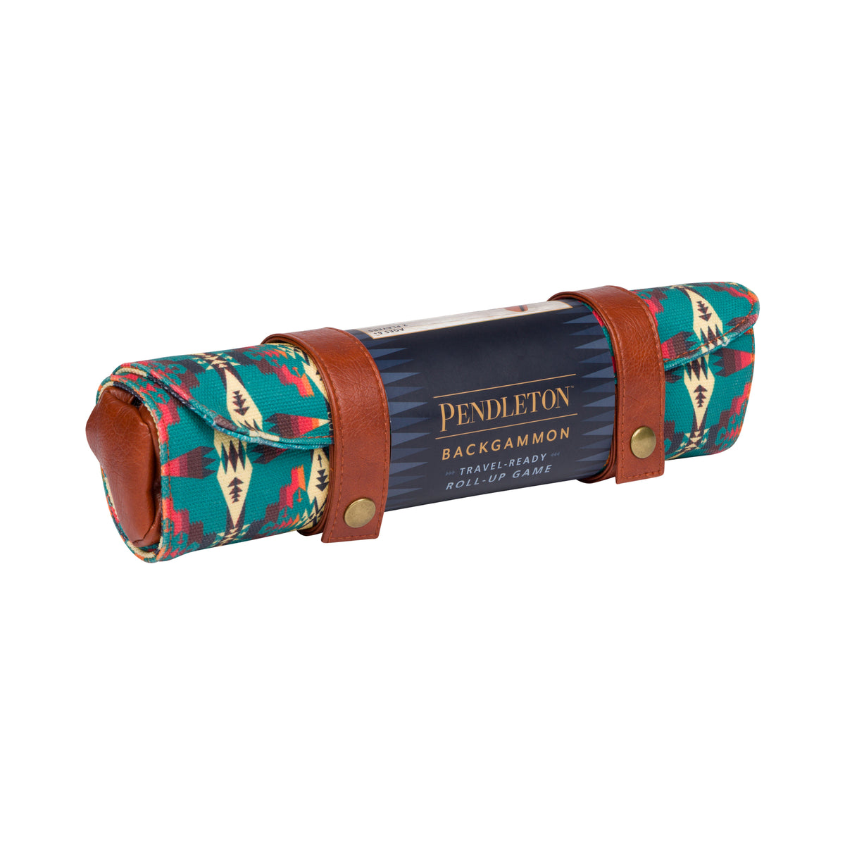 A blue Pendleton patterned backgammon board game, rolled up on a white background
