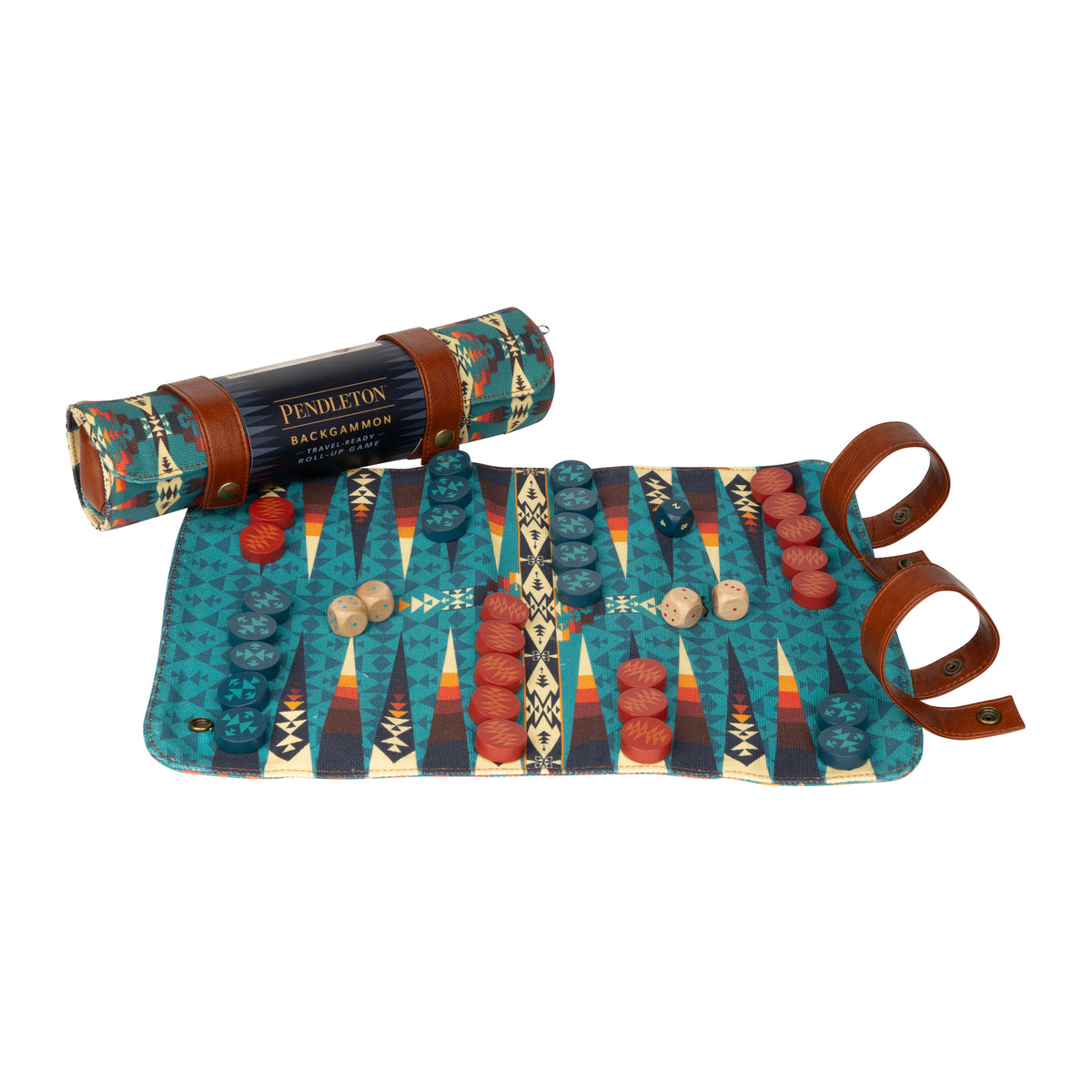 A vintage-style backgammon game set featuring a teal and red patterned board, brown leather carrying case, wooden dice, and red and wooden backpoints, displayed on a clean white background.