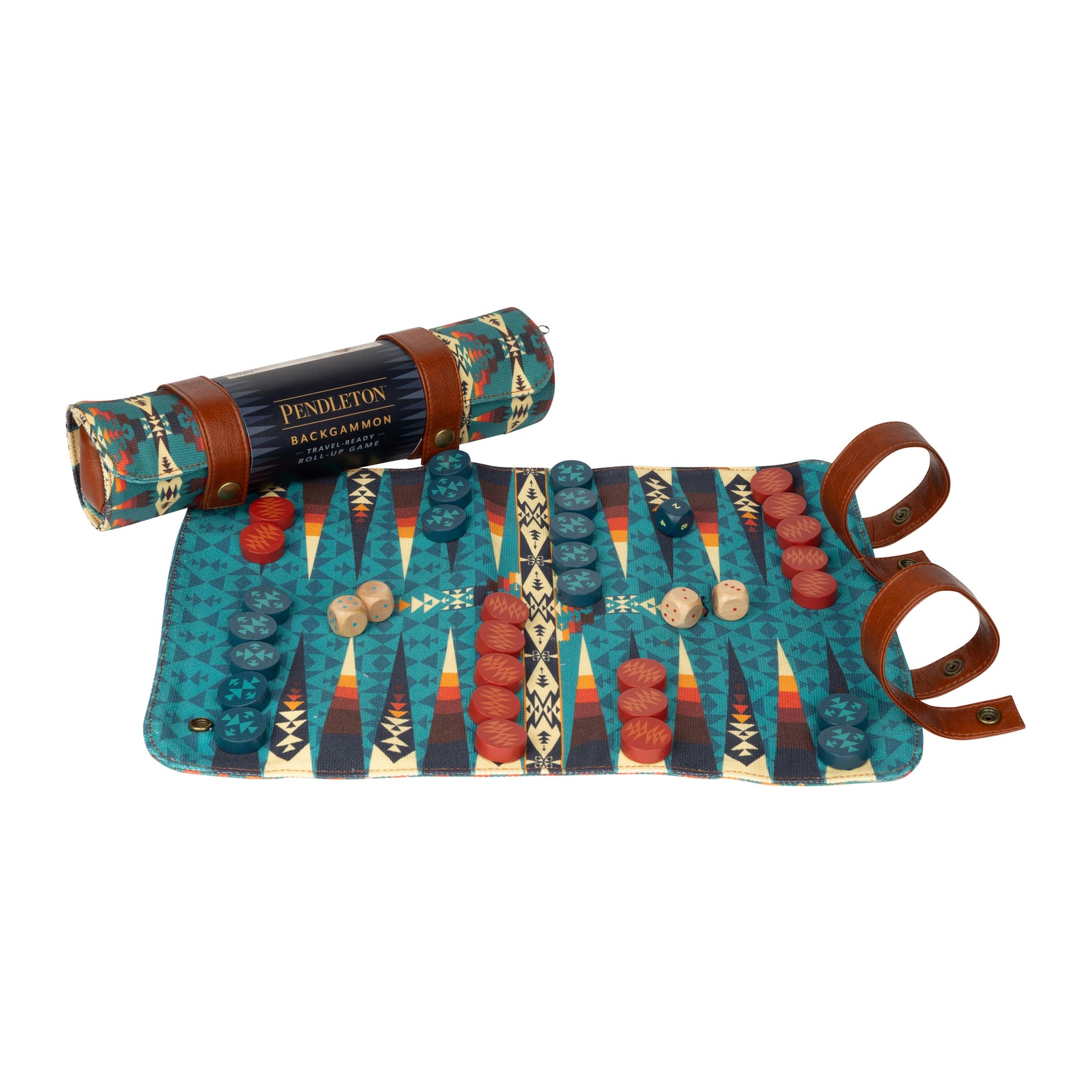A vintage-style backgammon game set featuring a teal and red patterned board, brown leather carrying case, wooden dice, and red and wooden backpoints, displayed on a clean white background.