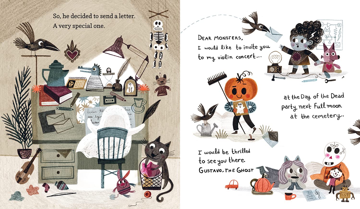 Front cover of the children's book 'Gustavo the Shy Ghost' by Flavia Z. Drago, featuring a bright pink border and a central illustration of a shy ghost in a bedroom decorated for Day of the Dead.