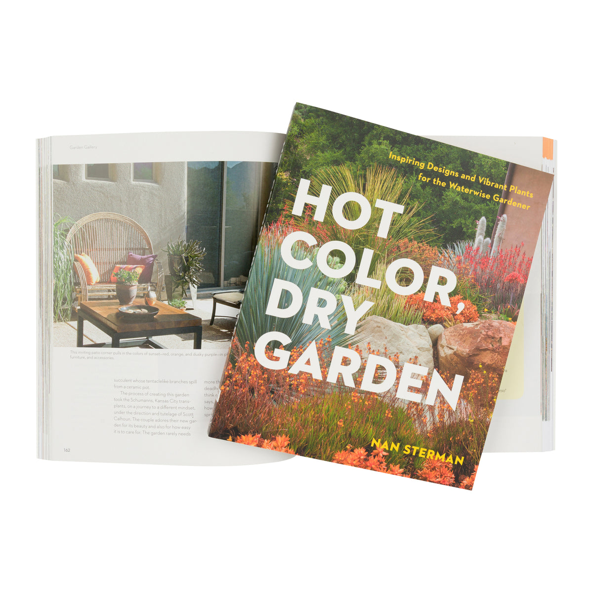 Book cover of 'Hot Color, Dry Garden' with garden scene and text.