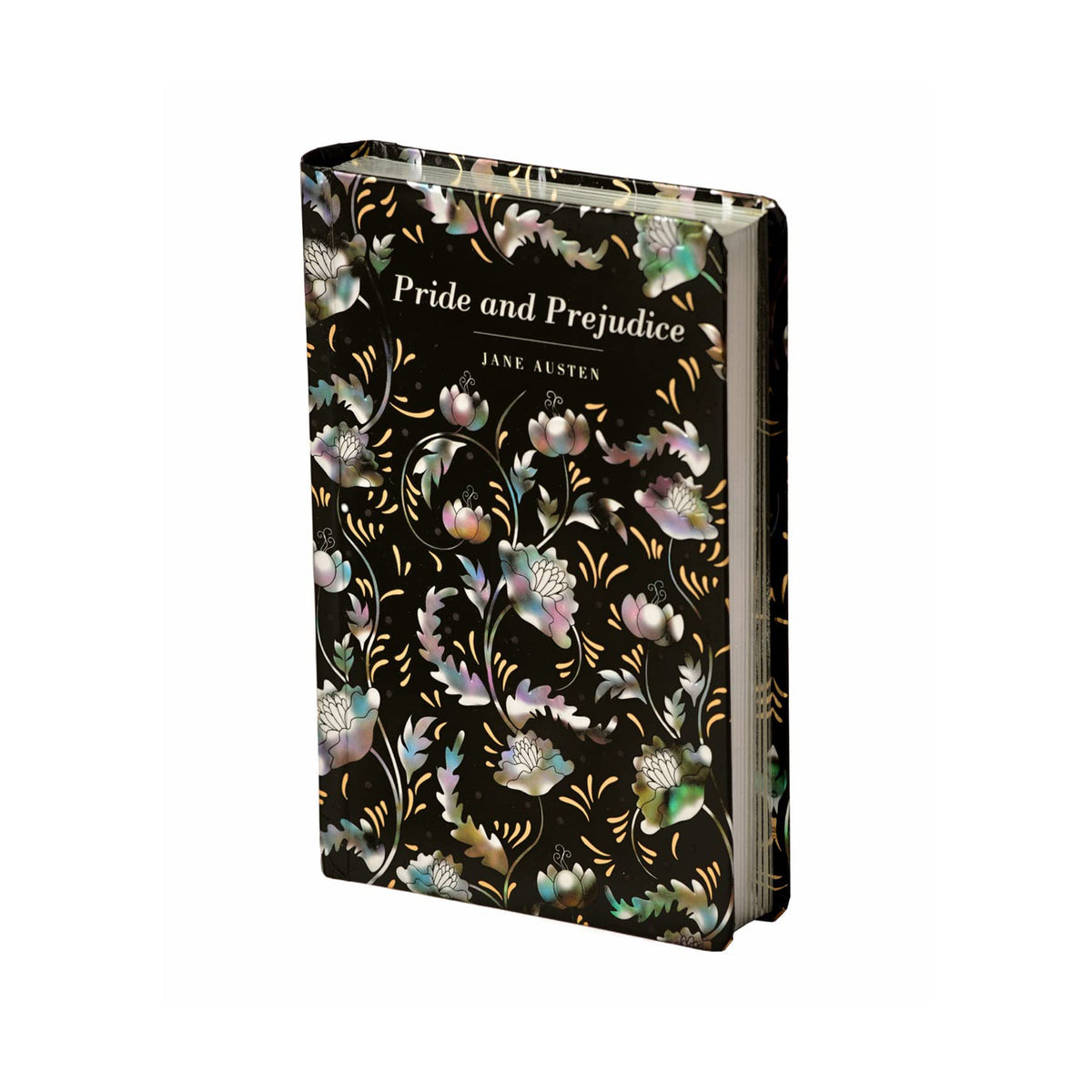Book cover of 'Pride and Prejudice' by Jane Austen with floral design on a black background