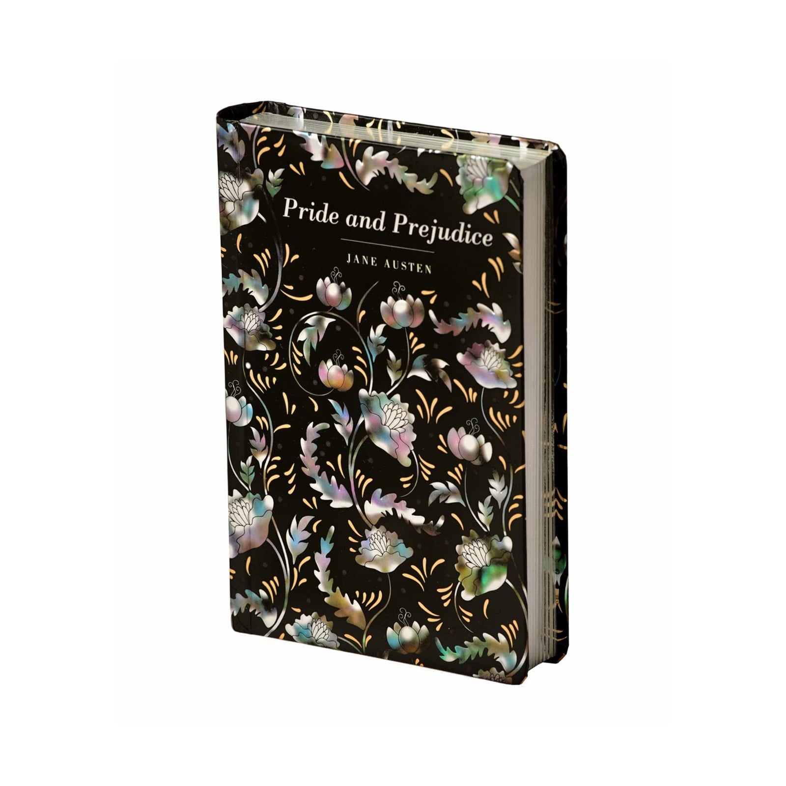Book cover of 'Pride and Prejudice' by Jane Austen with floral design on a black background