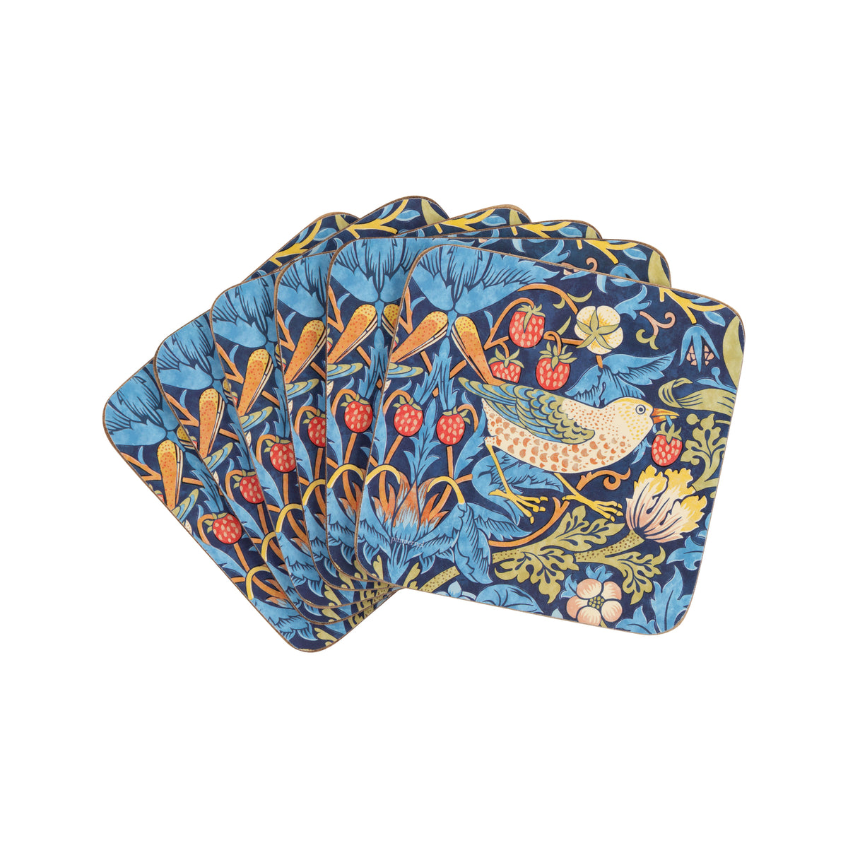 Set of four colorful William Morris Strawberry Thief design coasters with a bird and floral design on a blue background