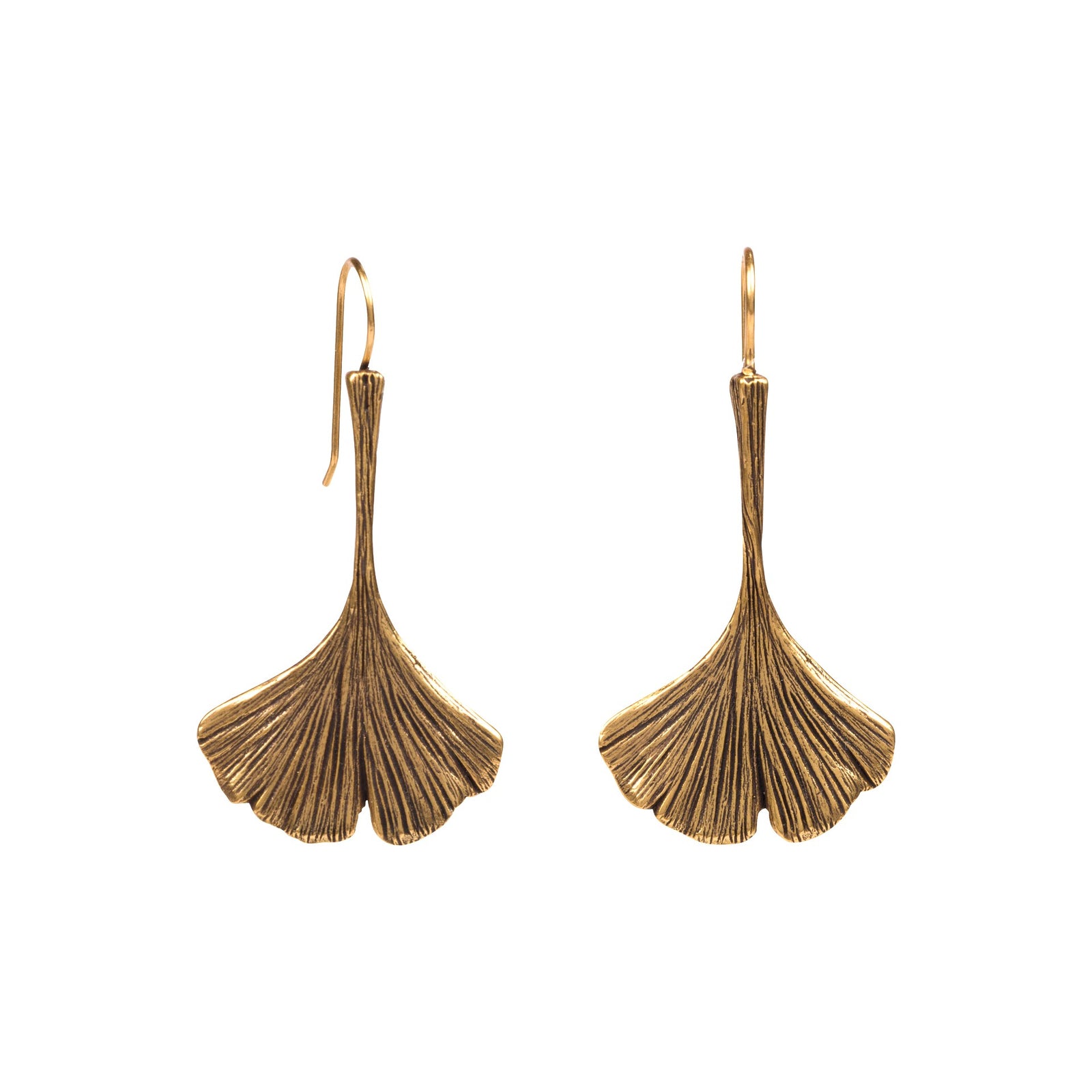 A pair of gold-toned dangle earrings with a textured, fan-like Ginkgo leaf design, shown against a plain white background.