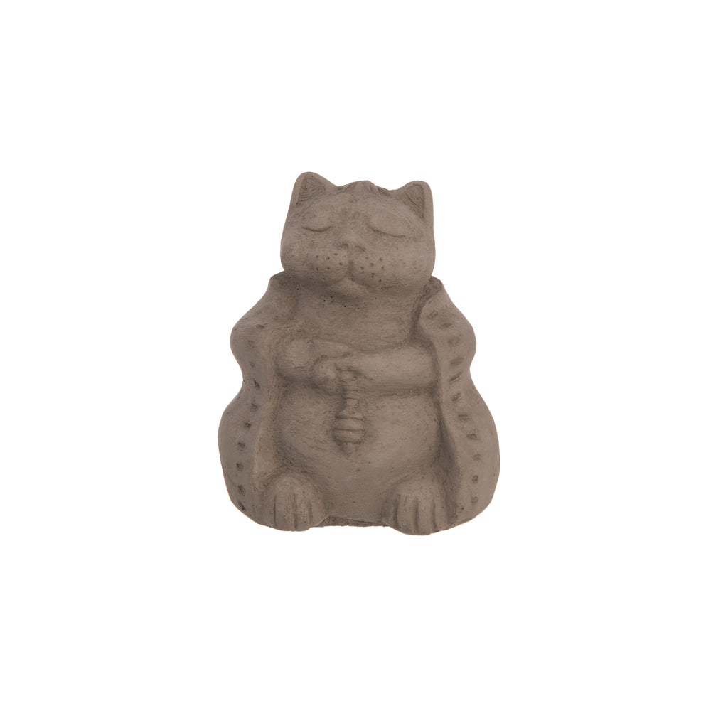 Decorate your shelf or your garden with this meditating stone cat. Perfect for a small spot in your yard or house where you may need a little extra calm.  Enjoy the peace and tranquility, and bask in the zen. The Chinese symbol on it represents Independence. Material: cast-stone Dimensions: 3" H x 2.5" W 