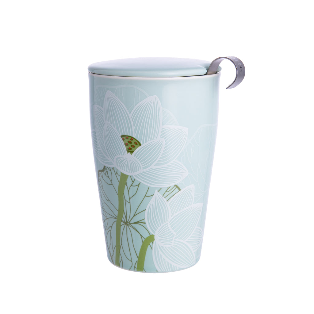 This sage Lotus double-walled ceramic tumbler and stainless-steel infuser makes steeping loose tea by the cup easy. The double-wall construction keeps the tea hot. Steeps 12 ounces Includes infuser basket, ceramic cup & lid Ceramic cup and lid are microwave & dishwasher-safe Box measures: 3.6 L x 3.6 D x 5.8 H"