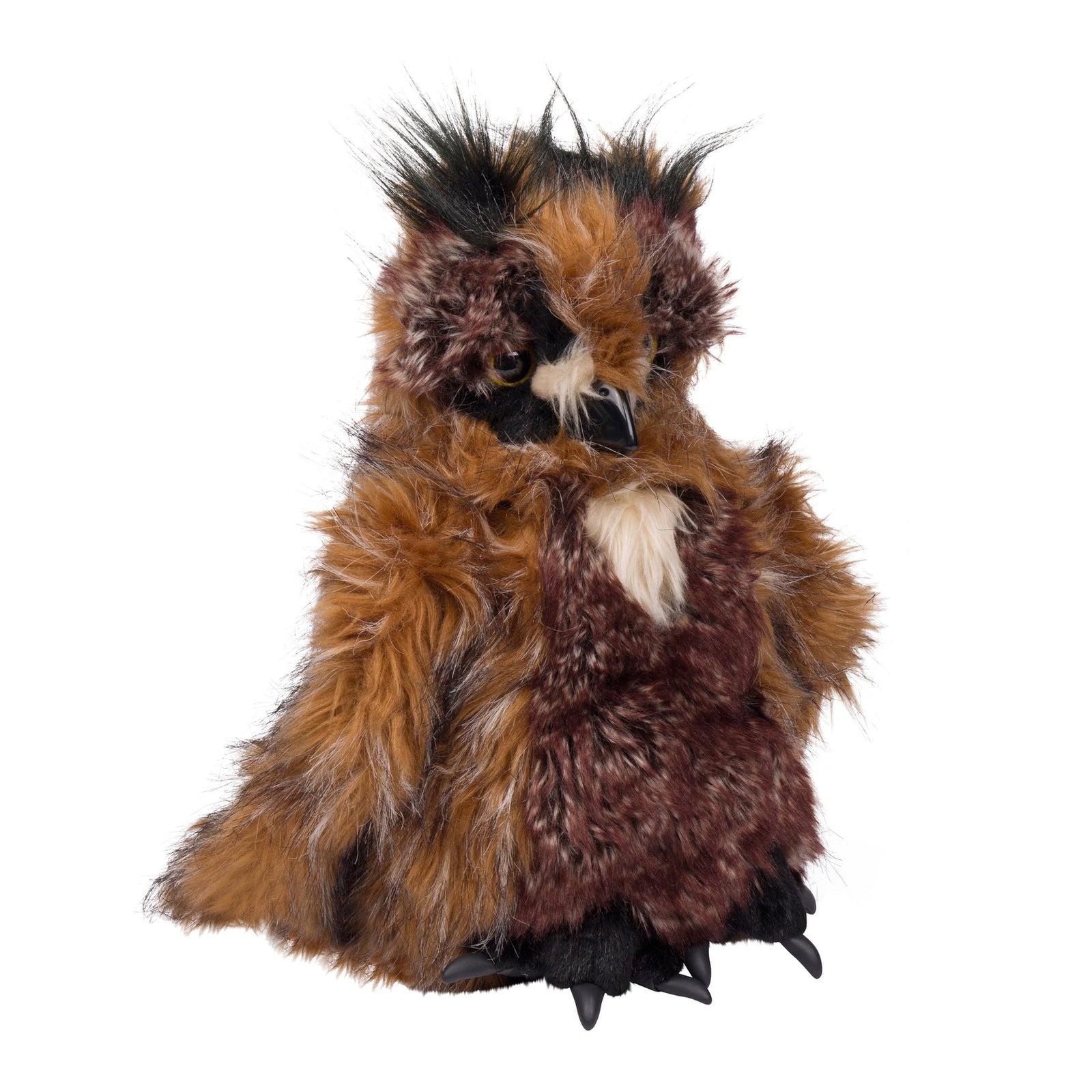 Horned owl hand puppet on a white background