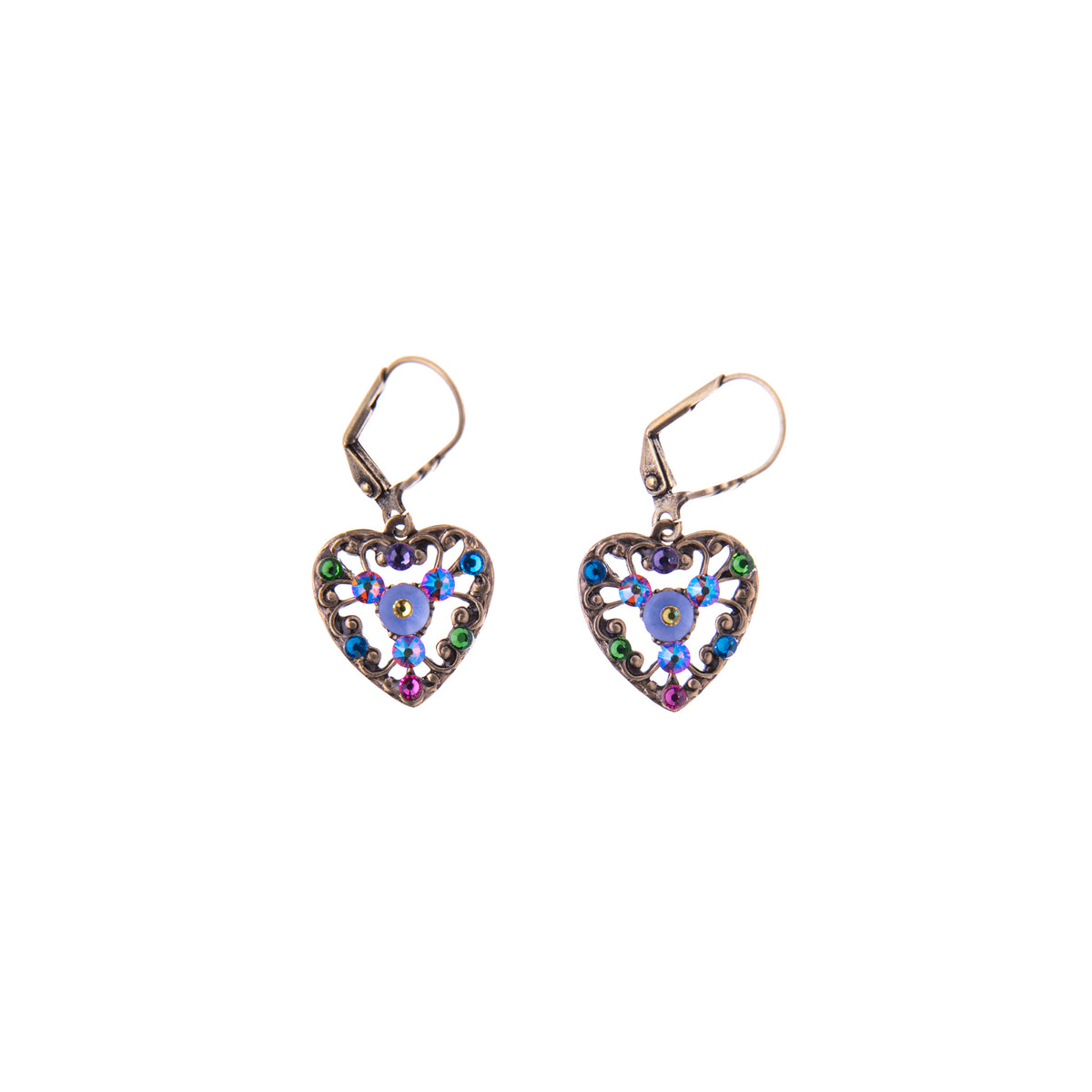 Pair of textured silver heart shaped earrings with colorful crystal stones on a white background