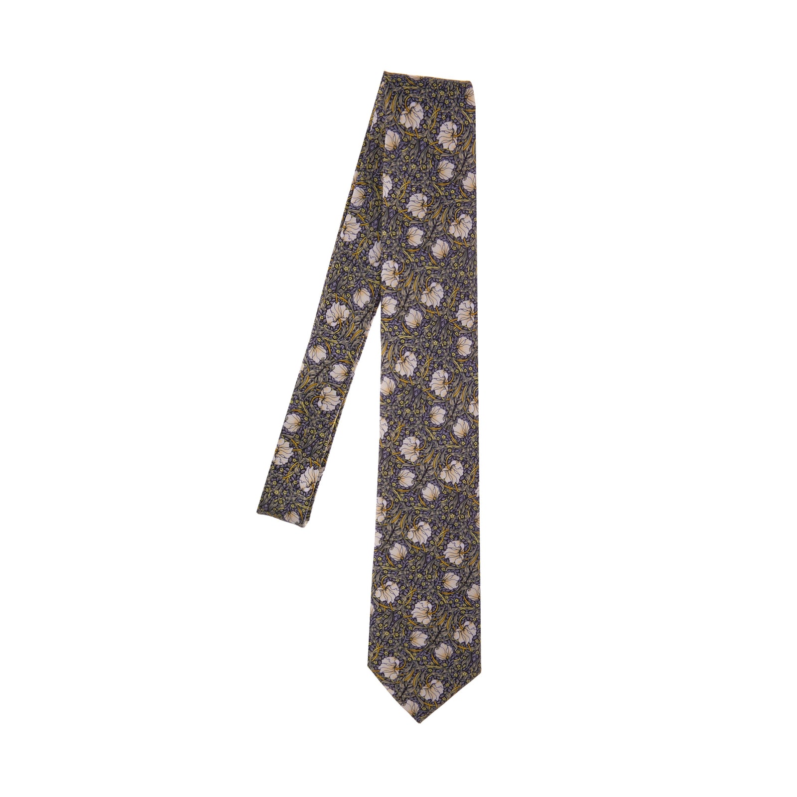 A silk tie with a floral pattern, predominantly in shades of beige and brown.