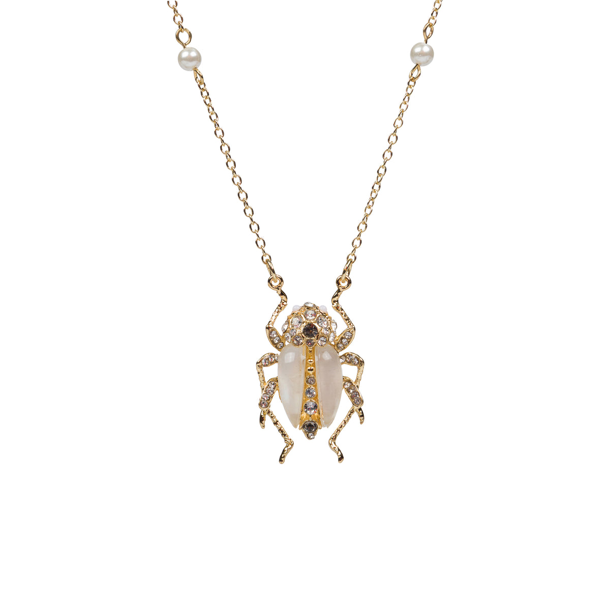 A gold-tone beetle pendant necklace featuring a white mother-of-pearl wing, small clear crystals, and blue accent stones, suspended from a delicate gold chain with pearl beads on a white background.