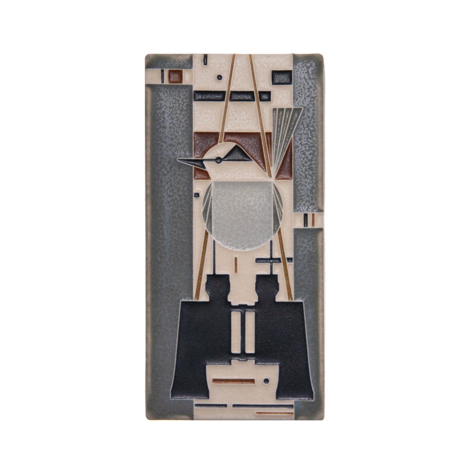 A rectangular ceramic tile featuring a bird perched on a structure with a background of abstract lines and shapes, predominantly in gray and white tones.