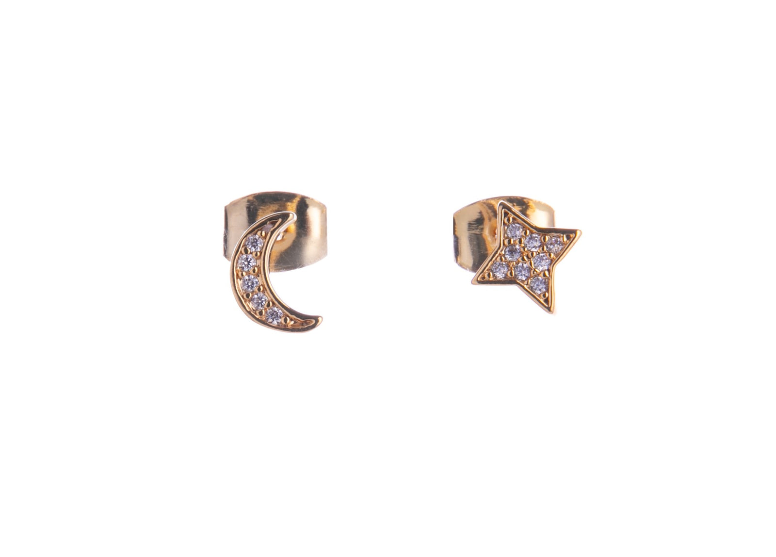 This moon and star with their CZ accents have the perfect amount of subtle sparkle. Perfect post earrings for daily wear, as these very important parts of our universe will shine with anything they are paired with. Material: Gold-plated Brass, CZ Accents Dimensions: Approx. 0.2" L Lead and Nickel-free